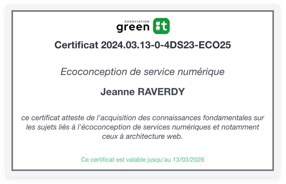 Certificat Ecoconception Jeanne Raverdy